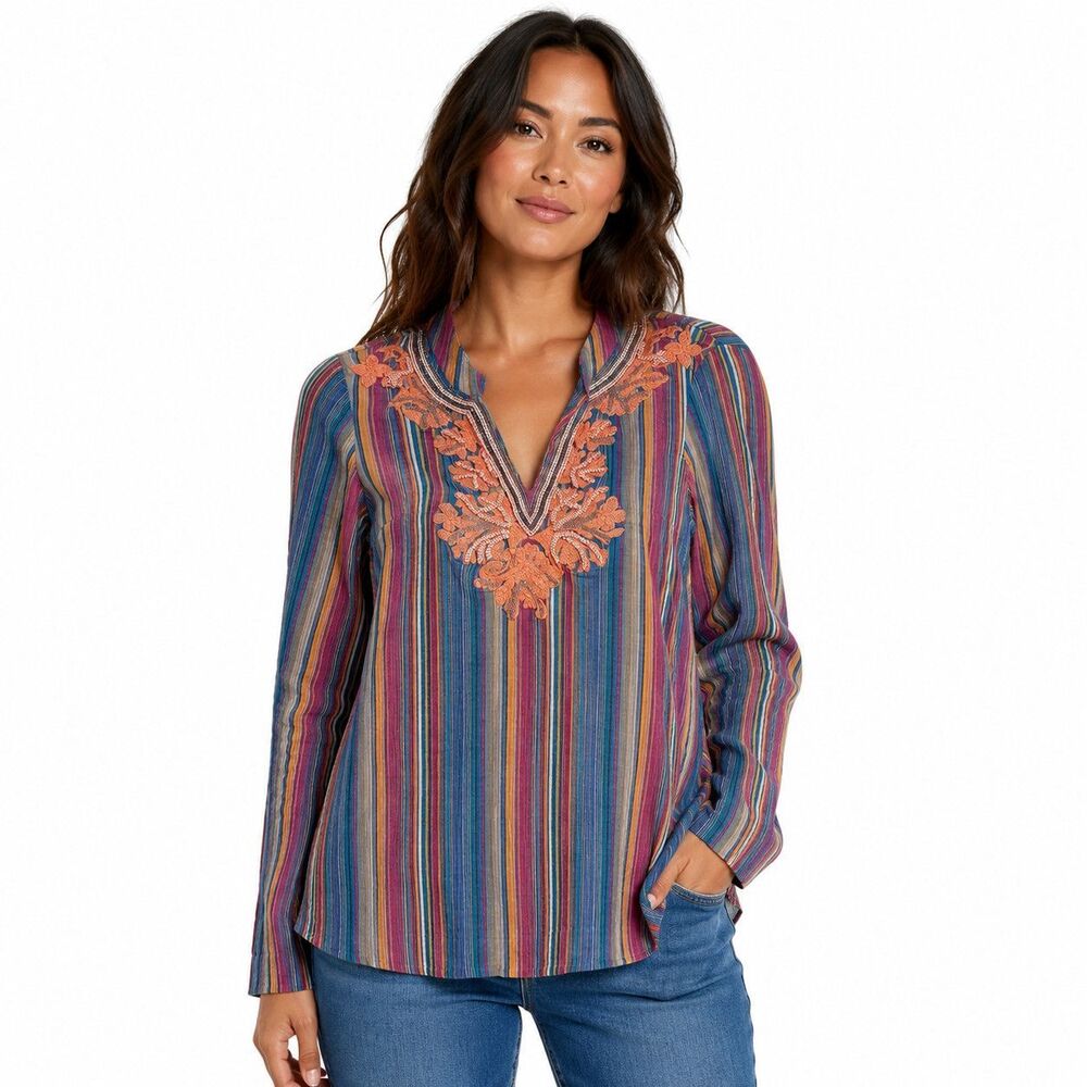 Soft Surroundings Tunic Blouse Womens XS Embroidered V Neck Long Sleeve Top